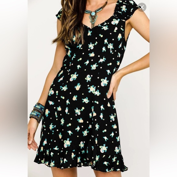 Free People Like A Lady Black Lemon Print Mini Dress - Picture 2 of 12
